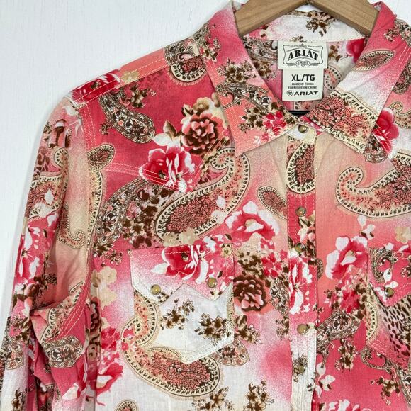 Ariat Floral Paisley Pearl Snap Button Up Shirt Sz XL Pink Western Cowgirl Rodeo - Picture 3 of 9
